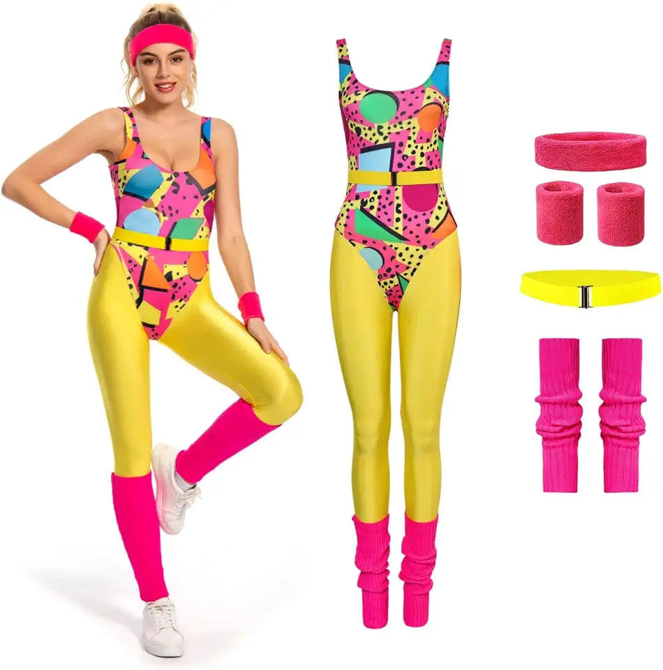 Retro 80s Neon Workout Leotard & Leggings Set Main image