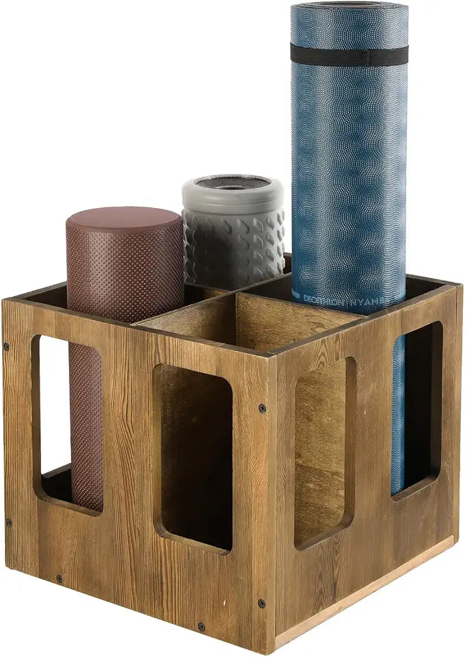 MyGift 4-Slot Vintage Wooden Foam Roller & Yoga Mat Rack