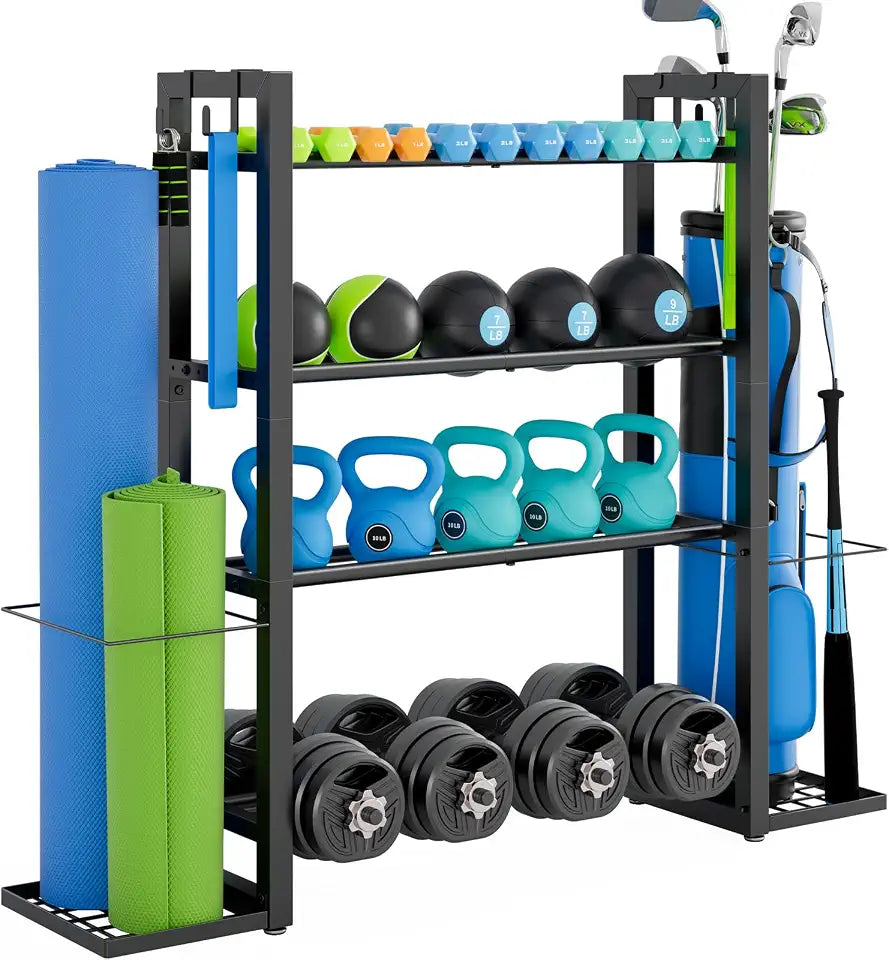 4-Tier Heavy-Duty Steel Dumbbell Rack with Yoga Mat Holder