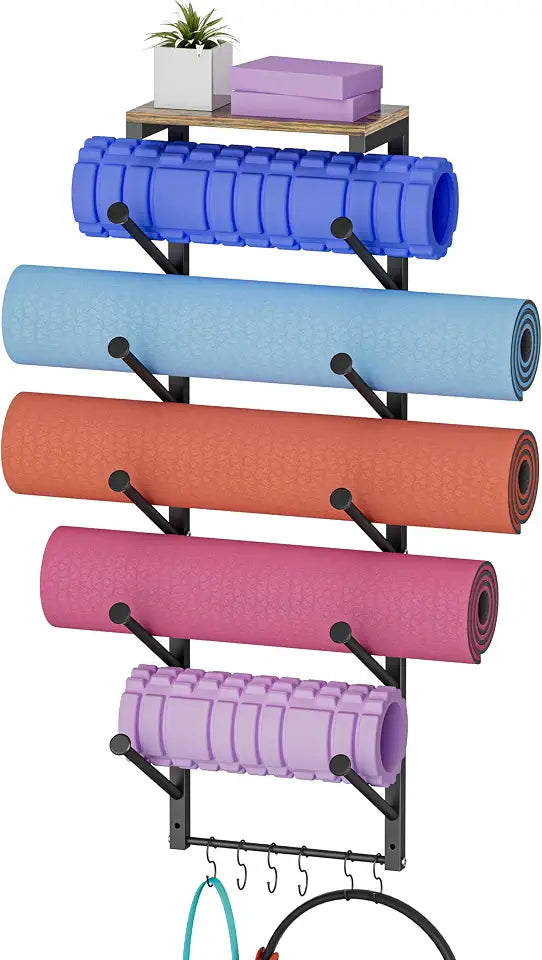 5-Tier Wall-Mounted Yoga Mat & Foam Roller Rack