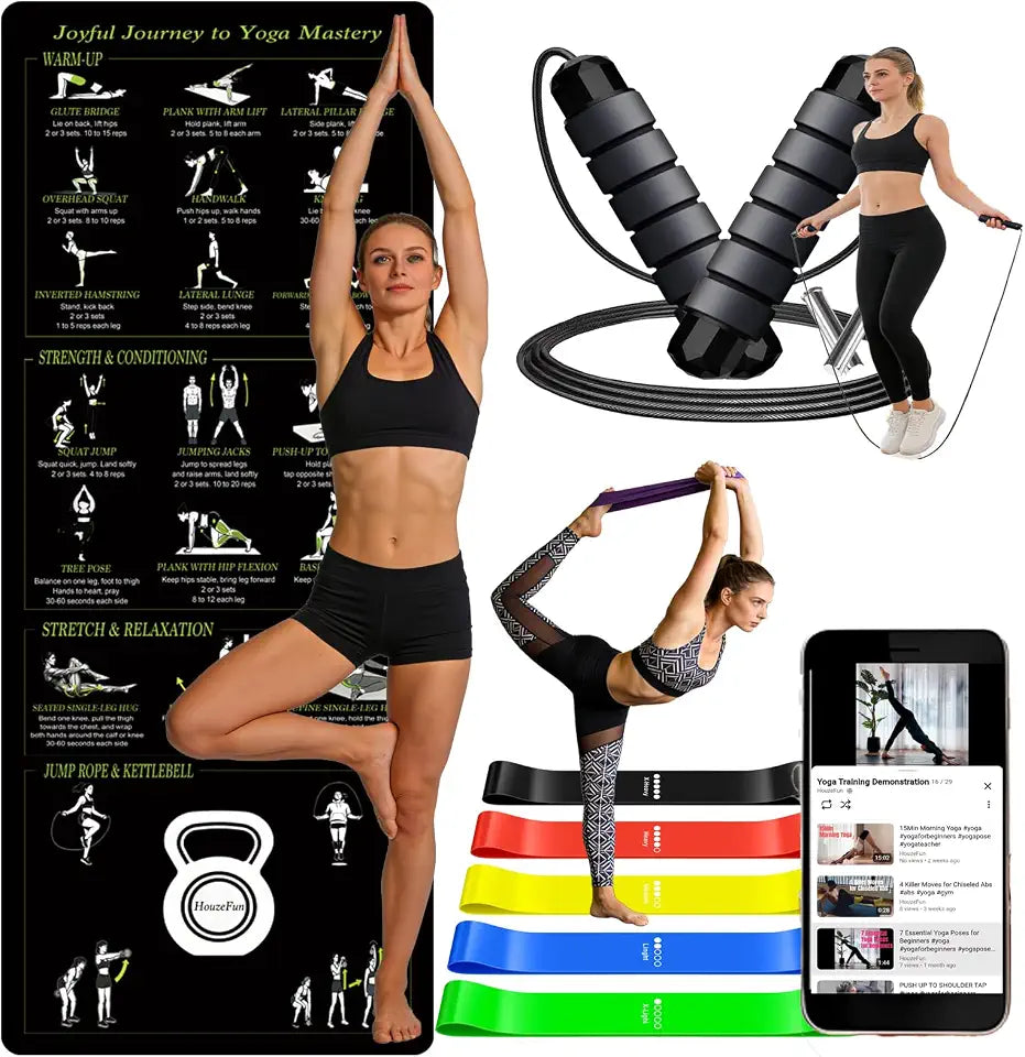 Printed Yoga Poses Non-Slip Exercise Mat with Strap & Bands