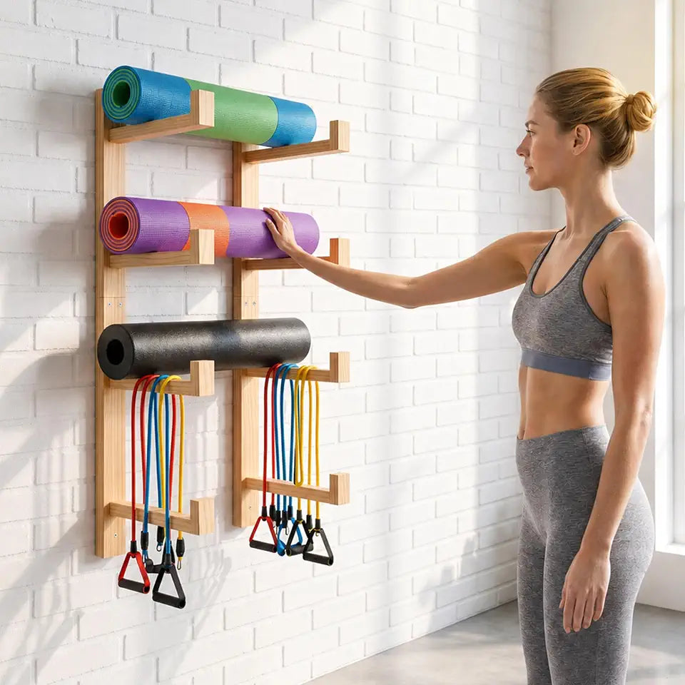 4-Tier Wall-Mounted Wooden Yoga Mat & Gym Organizer Main image